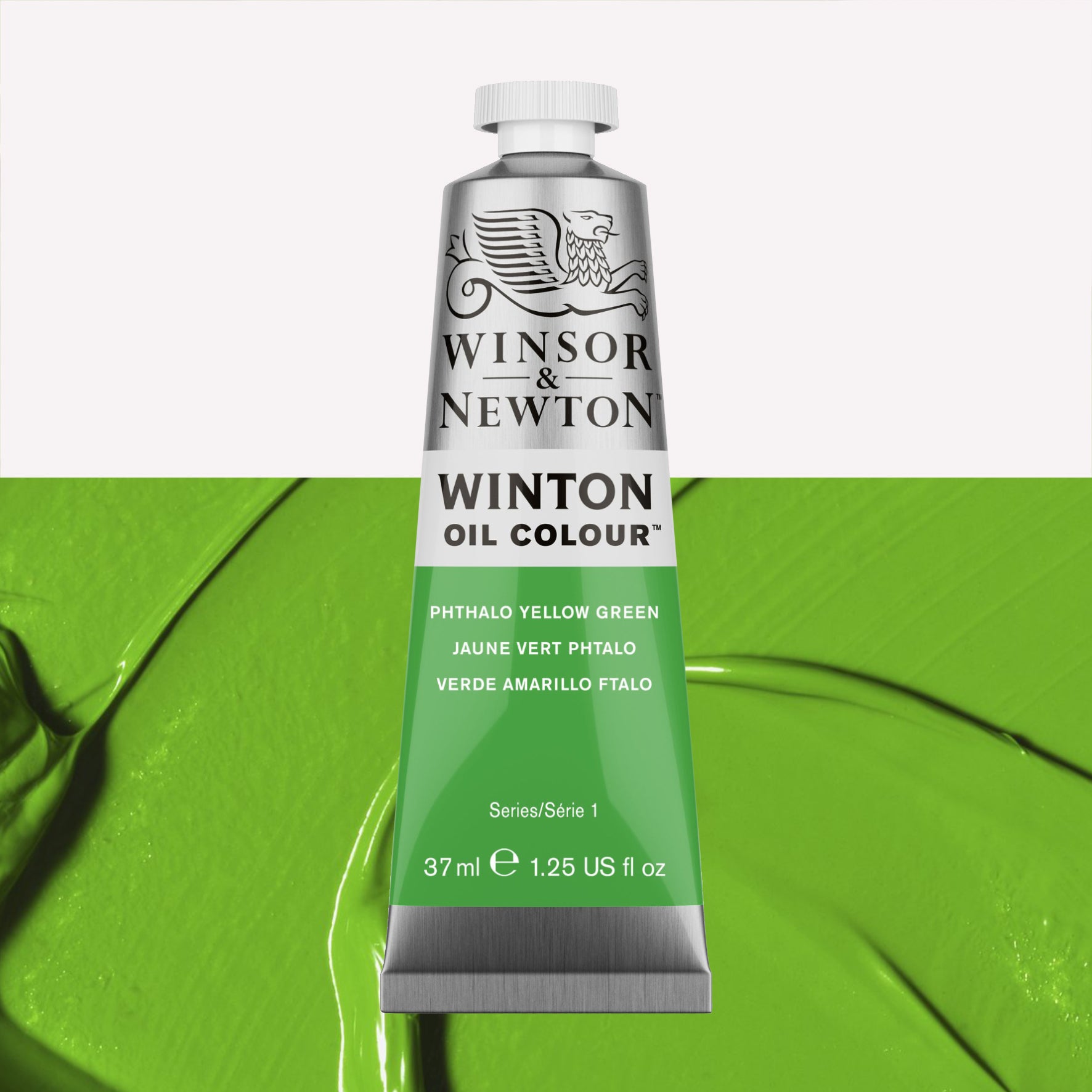 A 37ml silver tube of Winsor & Newton, Winton Oil Paint in the shade Phthalo Yellow Green, over a beautifully pigmented colour swatch. 