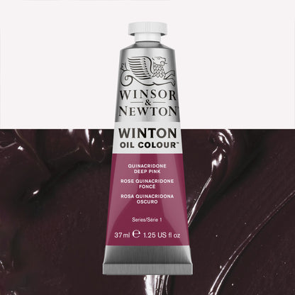 A 37ml silver tube of Winsor & Newton, Winton Oil Paint in the shade Quinacridone Deep Pink, over a beautifully pigmented colour swatch. 