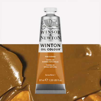 A 37ml silver tube of Winsor & Newton, Winton Oil Paint in the shade Raw Sienna, over a beautifully pigmented colour swatch. 