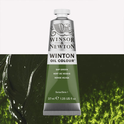 A 37ml silver tube of Winsor & Newton, Winton Oil Paint in the shade Sap Green, over a beautifully pigmented colour swatch. 