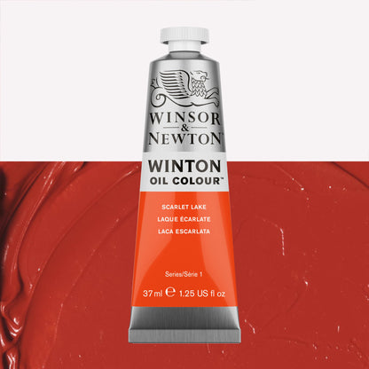 A 37ml silver tube of Winsor & Newton, Winton Oil Paint in the shade Scarlet Lake, over a beautifully pigmented colour swatch. 