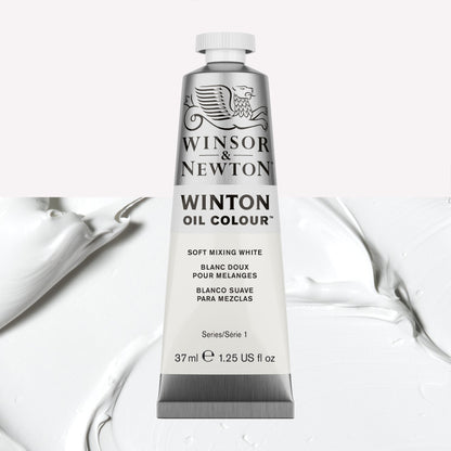 A 37ml silver tube of Winsor & Newton, Winton Oil Paint in the shade Soft Mixing White, over a beautifully pigmented colour swatch. 