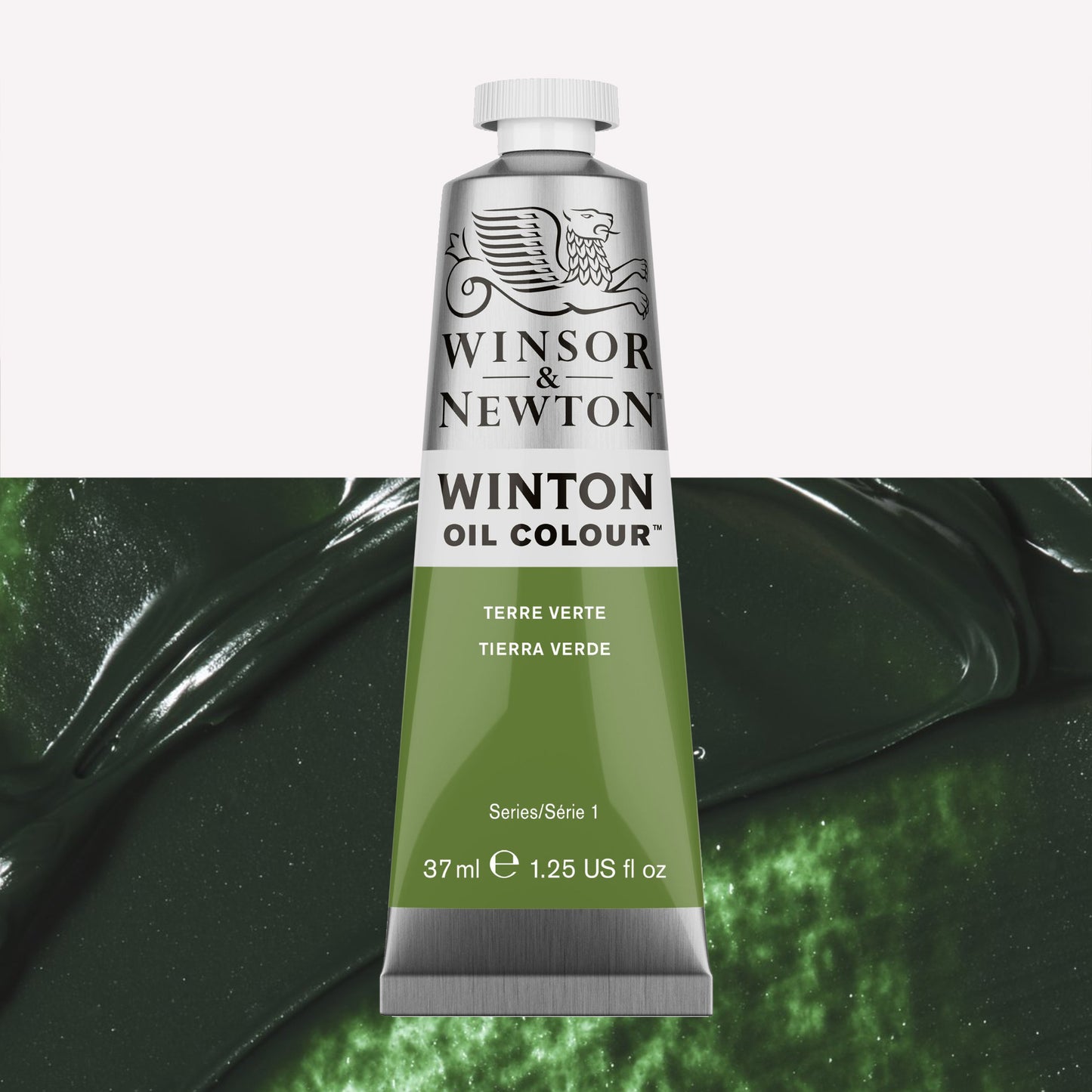 A 37ml silver tube of Winsor & Newton, Winton Oil Paint in the shade Terre Verte, over a beautifully pigmented colour swatch. 