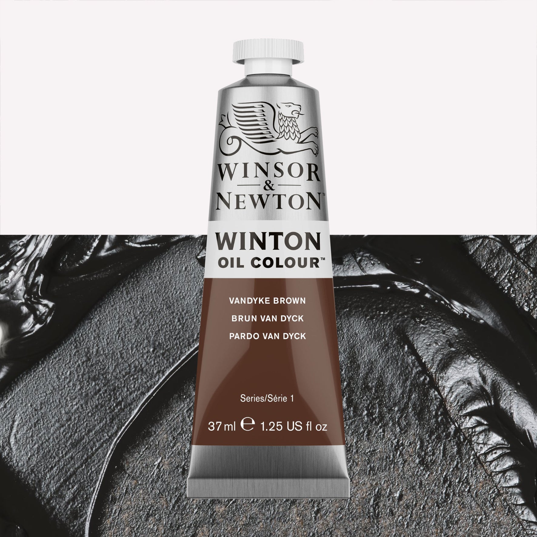 A 37ml silver tube of Winsor & Newton, Winton Oil Paint in the shade Vandyke Brown, over a beautifully pigmented colour swatch.
