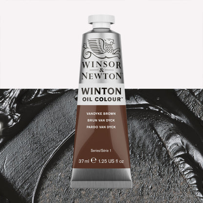 A 37ml silver tube of Winsor & Newton, Winton Oil Paint in the shade Vandyke Brown, over a beautifully pigmented colour swatch.