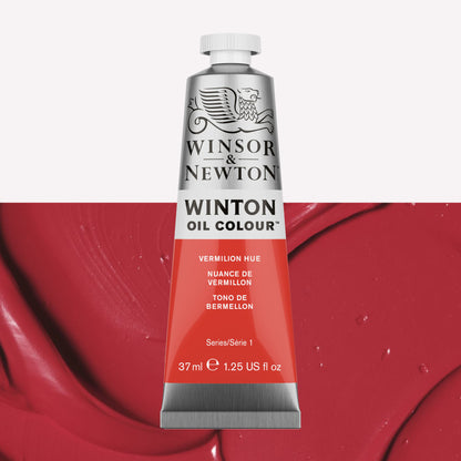 A 37ml silver tube of Winsor & Newton, Winton Oil Paint in the shade Vermilion Hue, over a beautifully pigmented colour swatch. 