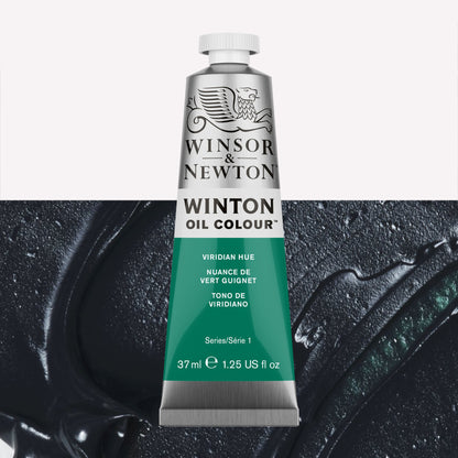 A 37ml silver tube of Winsor & Newton, Winton Oil Paint in the shade Viridian Hue, over a beautifully pigmented colour swatch. 