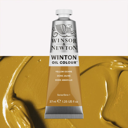 A 37ml silver tube of Winsor & Newton, Winton Oil Paint in the shade Yellow Ochre, over a beautifully pigmented colour swatch. 