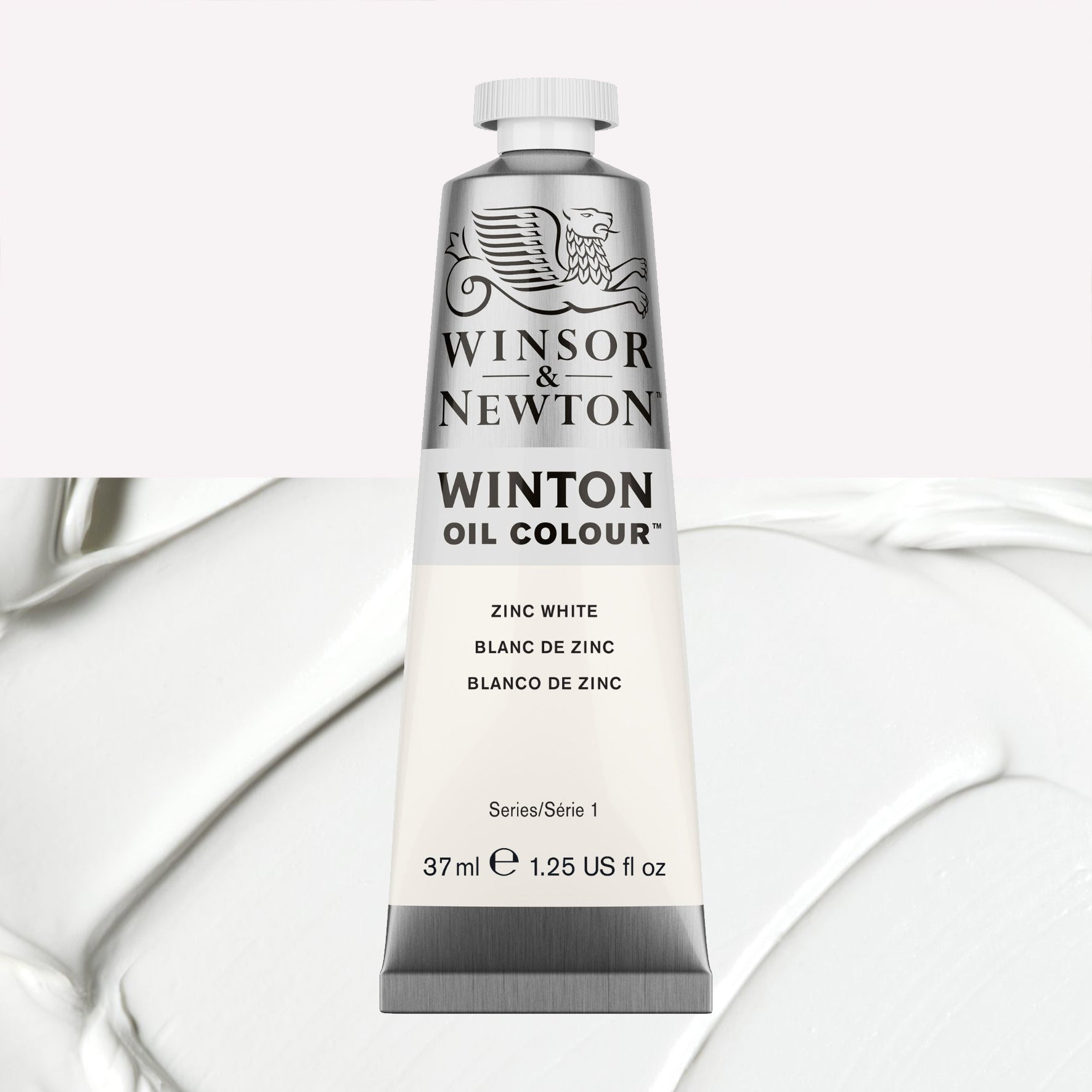 A 37ml silver tube of Winsor & Newton, Winton Oil Paint in the shade Zinc White, over a beautifully pigmented colour swatch. 