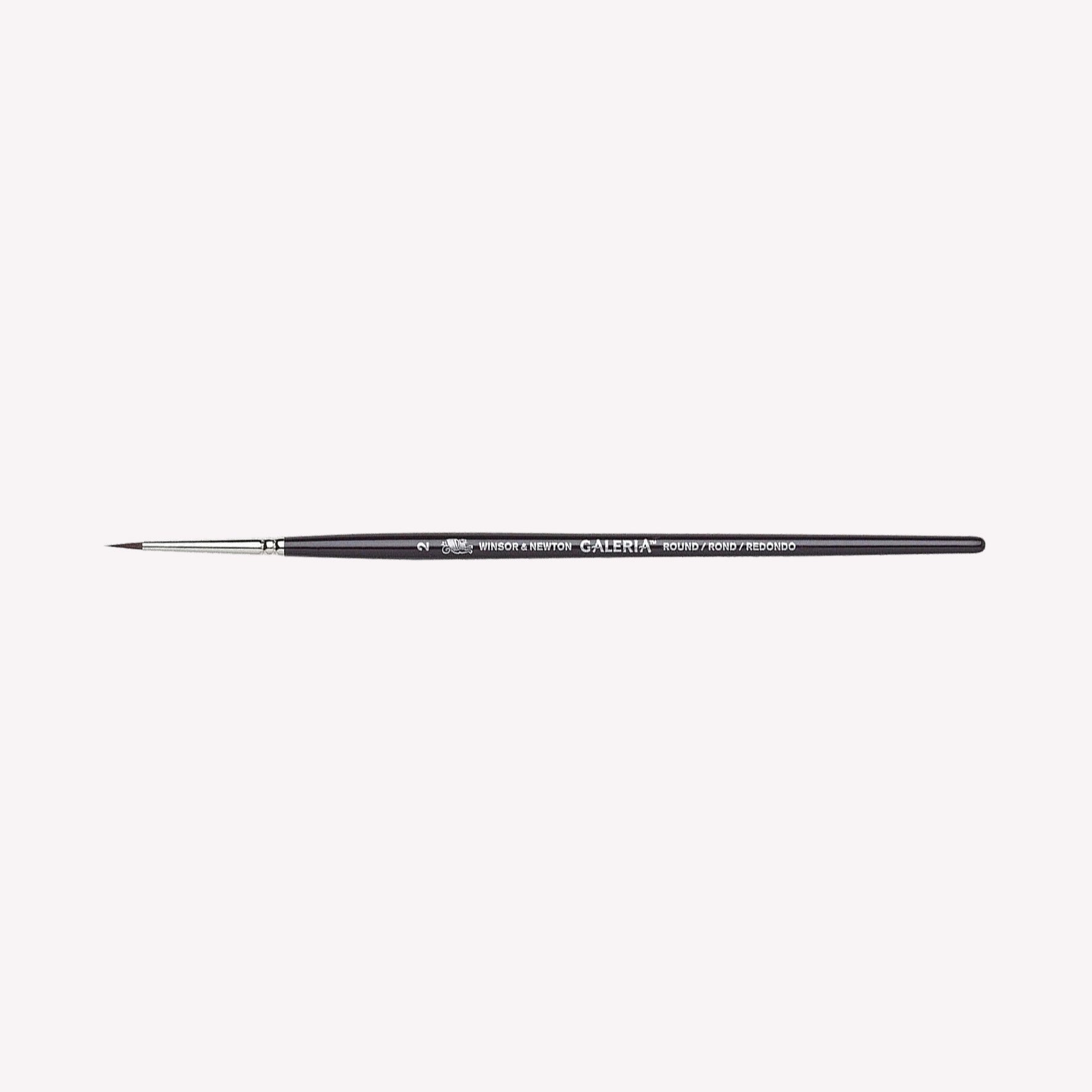 Winsor & Newton Galeria Round paintbrush in size 2. Brushes have synthetic filaments, and short wooden handles. 