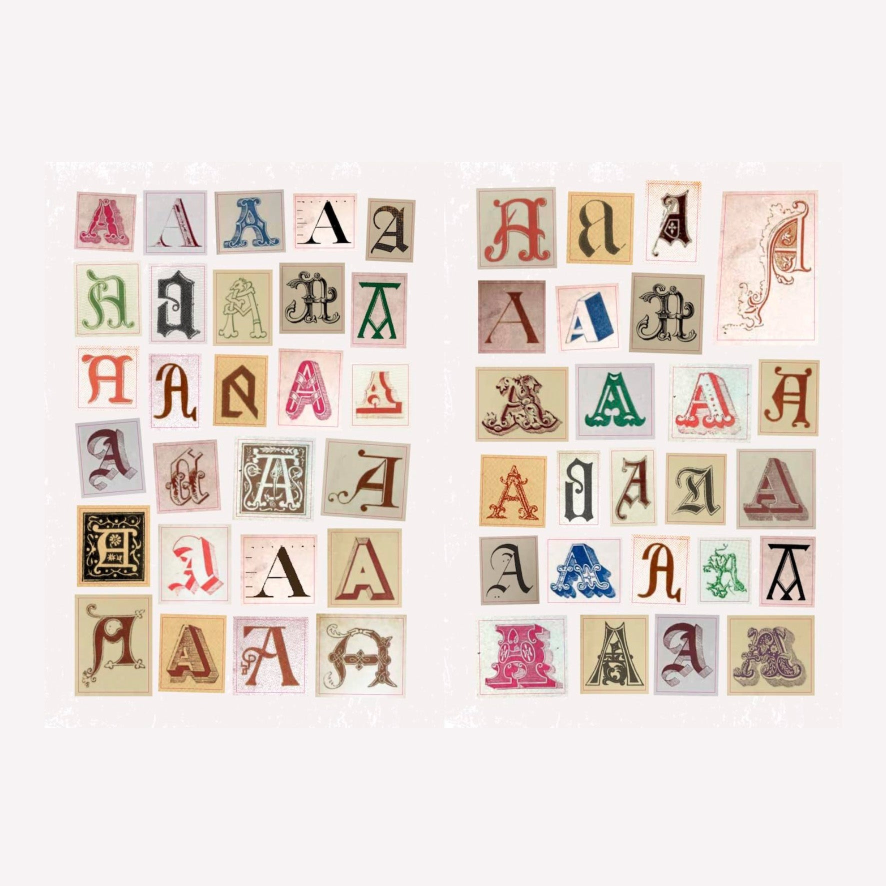 Inside Ye Olde Ransom Note alphabet sticker book containing a variety of "A" stickers in different vintage letterpress style fonts. 