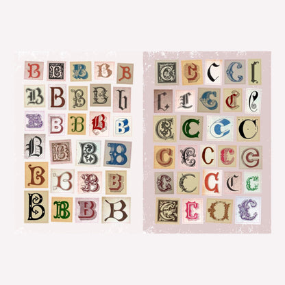 Inside Ye Olde Ransom Note alphabet sticker book containing a variety of "B" and "C" stickers in different vintage letterpress style fonts. 