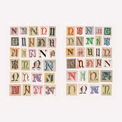 Inside Ye Olde Ransom Note alphabet sticker book containing a variety of "N" stickers in different vintage letterpress style fonts. 