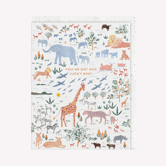 An illustrated greetings card by Seedlings, printed by Ohh Deer. This card features a range of painted animals and their babies, with text that reads “You've Got One Lucky Baby”.