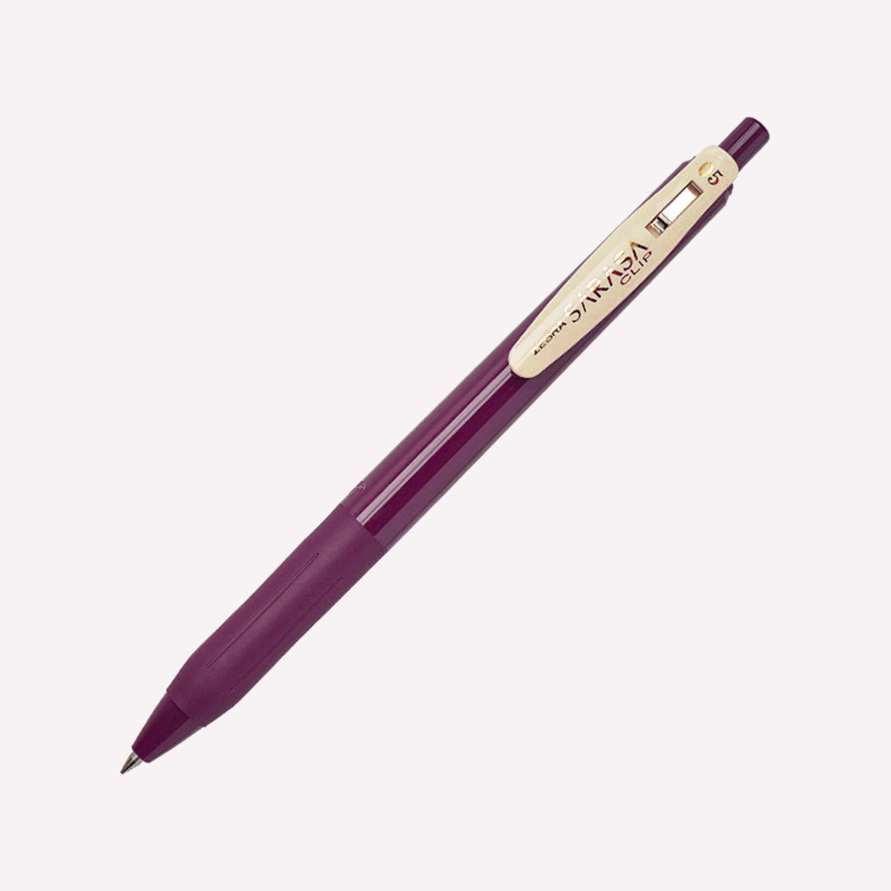 Zebra Sarasa Clip 05 Gel pens in bordeaux purple with a purple barrel and a cream clip showing the logo. 