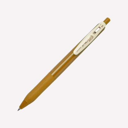 Zebra Sarasa Clip 05 Gel pens in Camel Yellow with a yellow barrel and a cream clip showing the logo. 