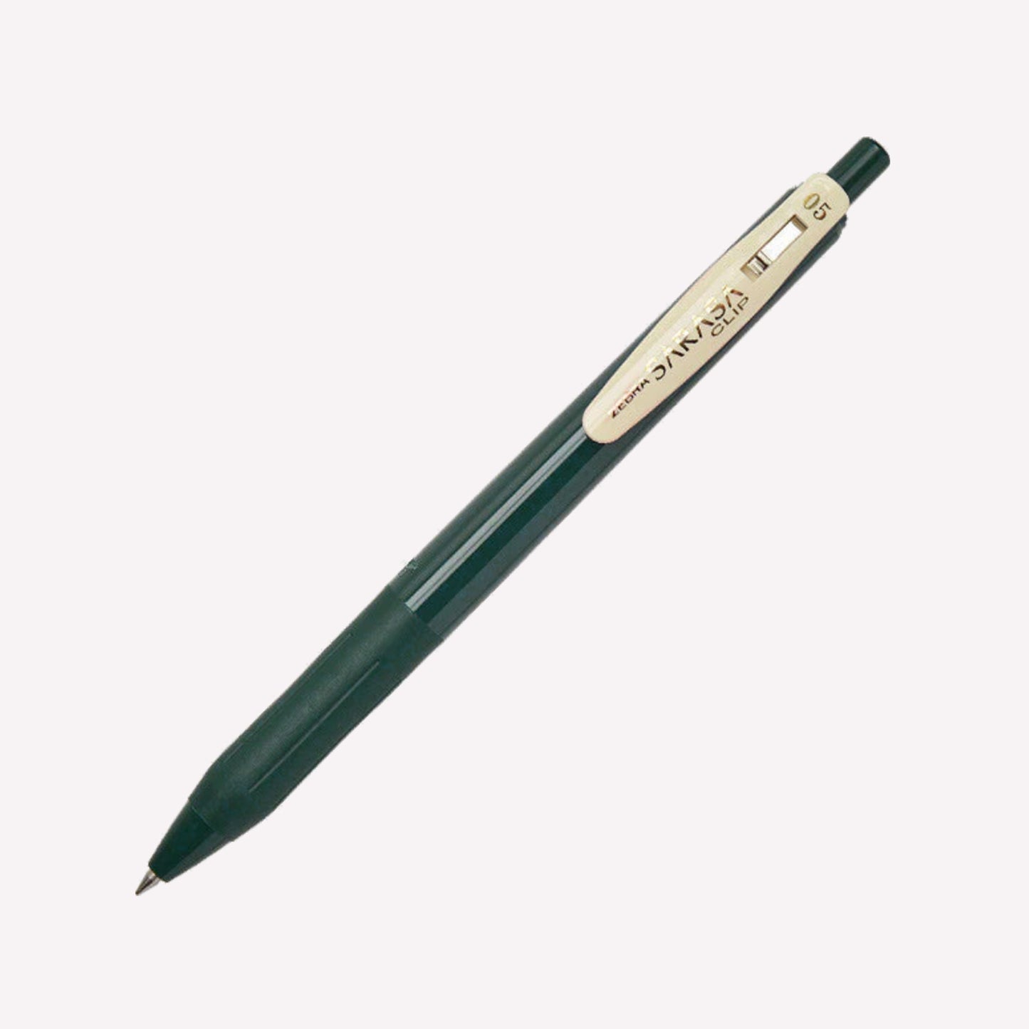 Zebra Sarasa Clip 05 Gel pens in Green Black with a dark green barrel and a cream clip showing the logo.