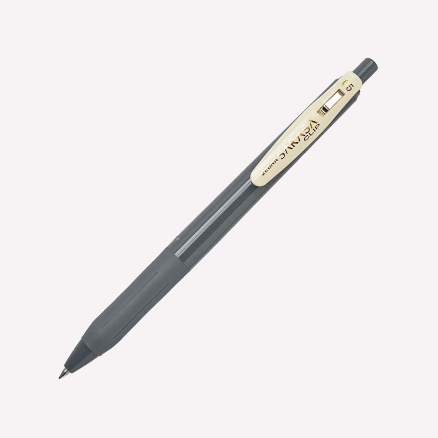Zebra Sarasa Clip 05 Gel pens in Dark Grey with a grey and a cream clip showing the logo. 